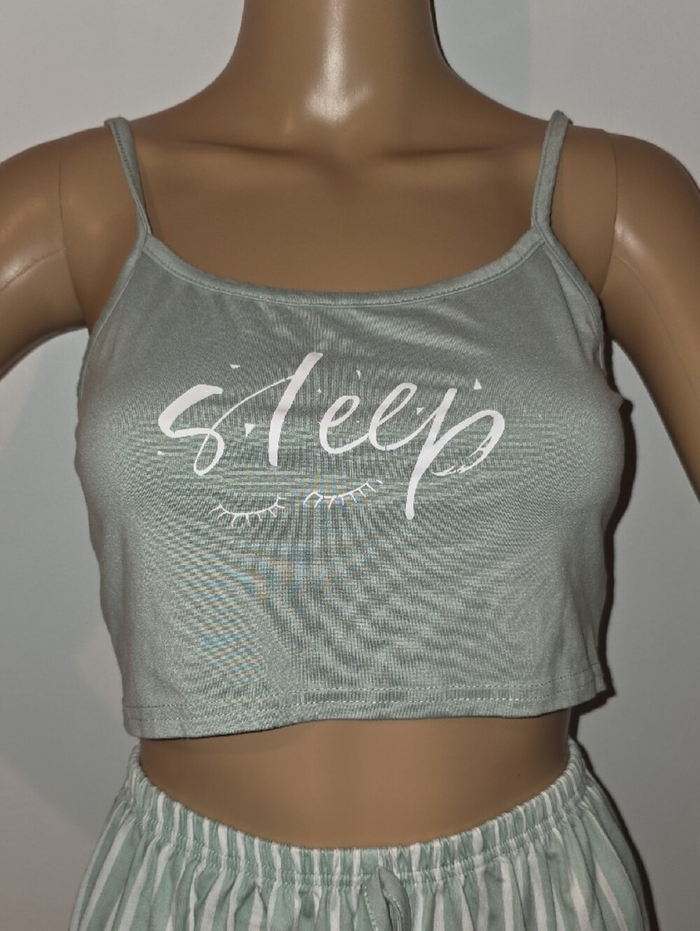 SHEIN Sage Green 'Sleep' Cami & Striped Short Pajama Set - Picture 4 of 5